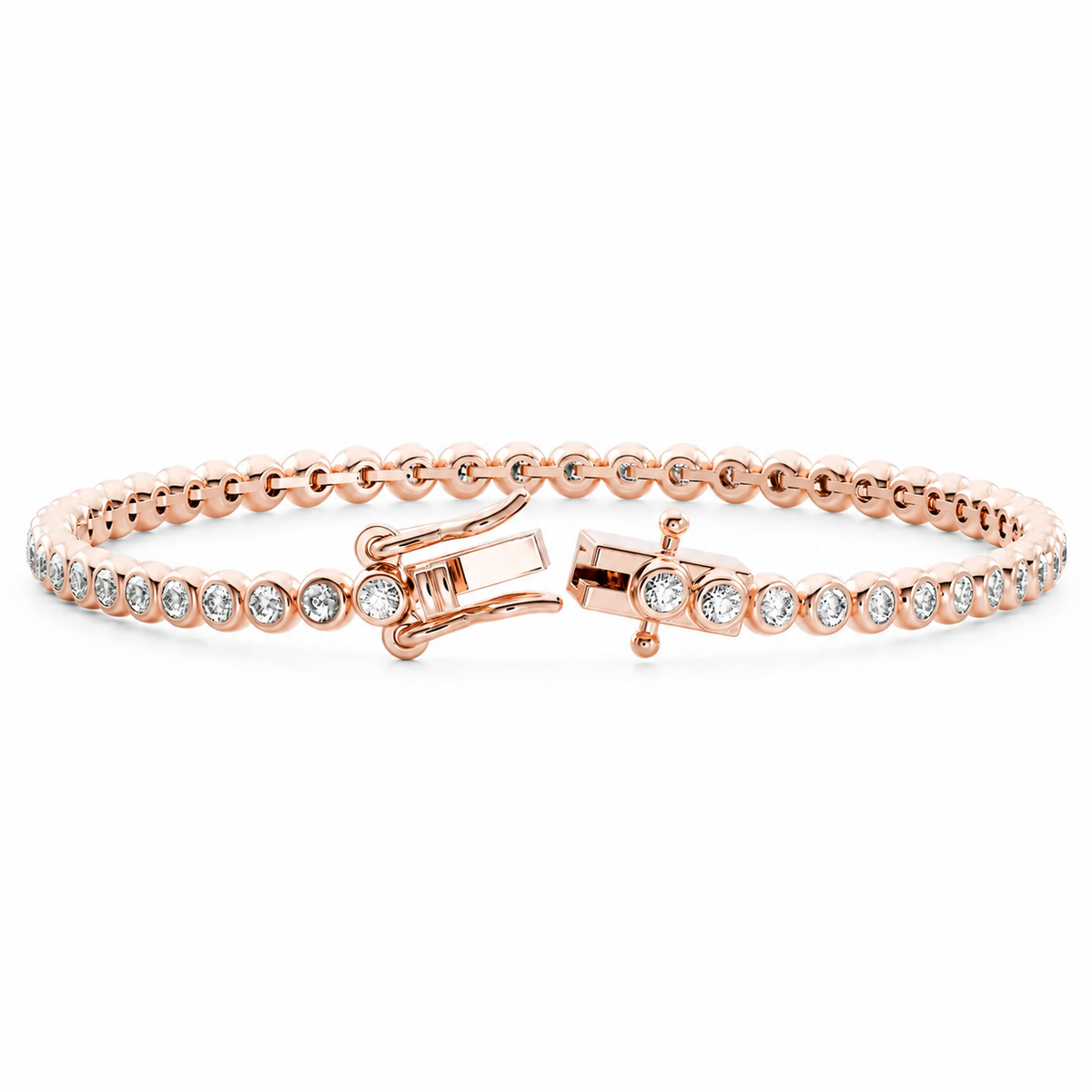 Circa lab-grown diamond bezel tennis bracelet in rose gold with open clasp