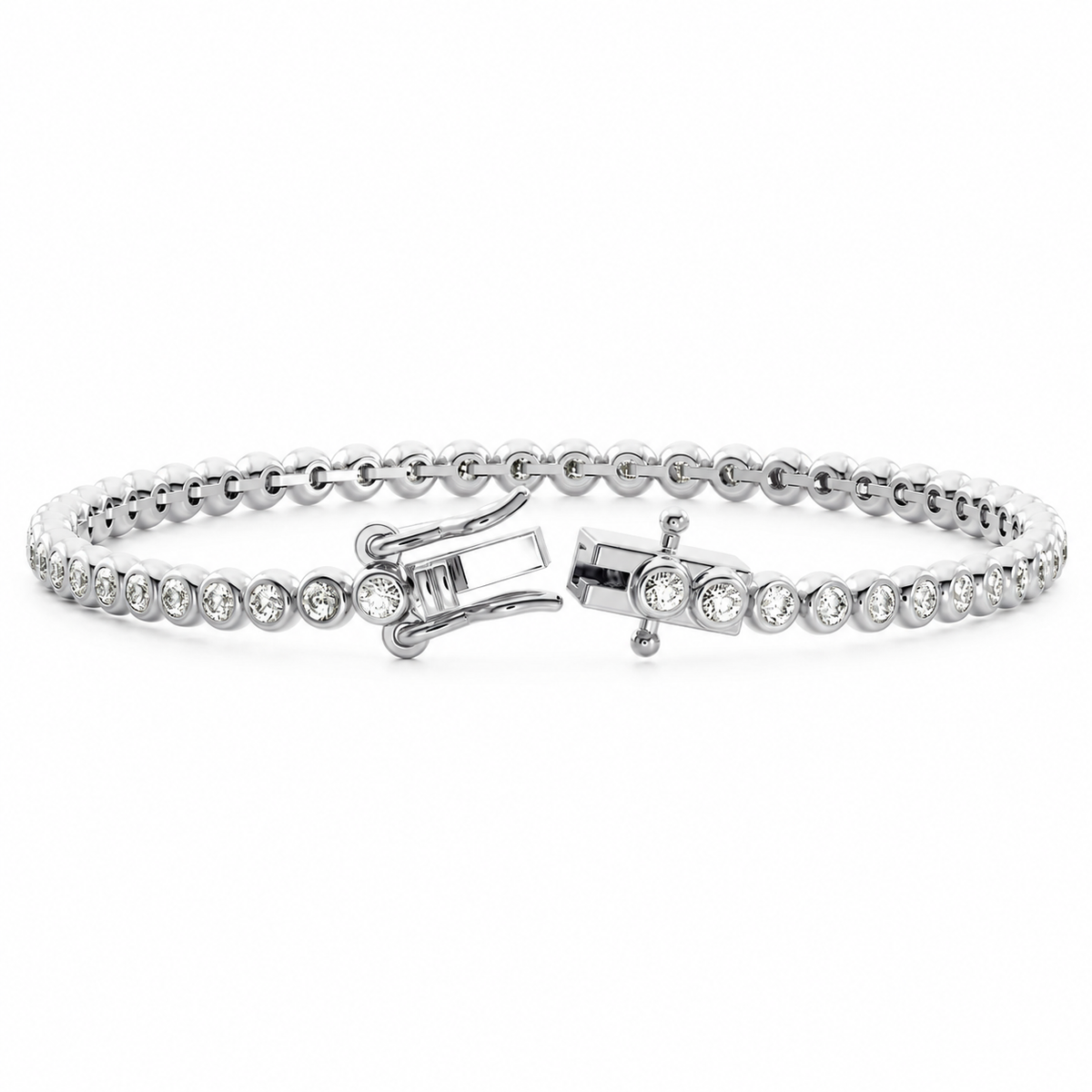 Circa lab-grown diamond bezel tennis bracelet in white gold with open clasp