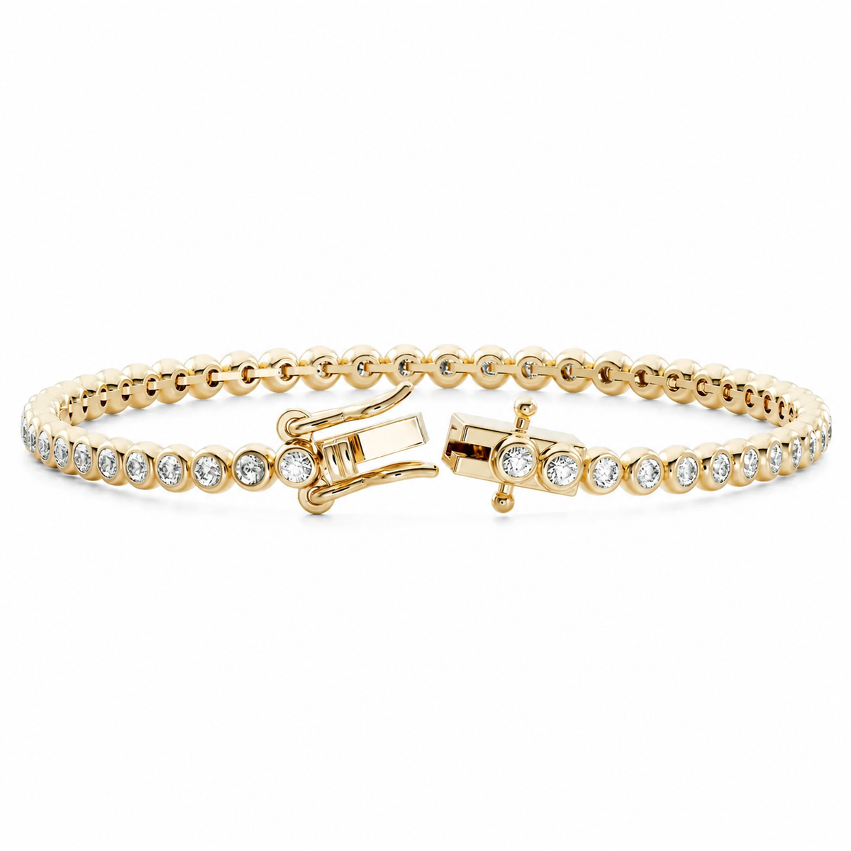 Circa lab-grown diamond bezel tennis bracelet in yellow gold with open clasp