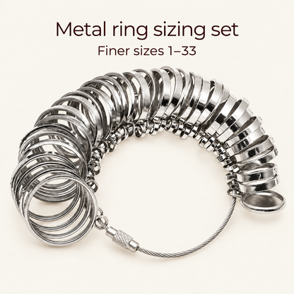Complete metal ring sizing set covering Finer sizes 1 to 33