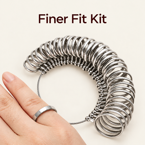Finer Fit Kit metal ring sizing set being tried on a finger