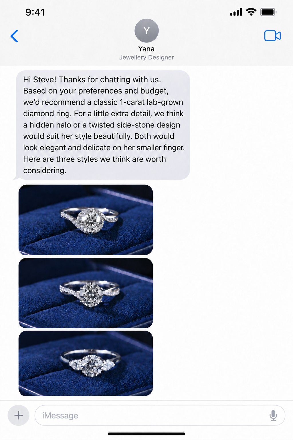 Example message from a jewellery designer recommending three engagement ring designs