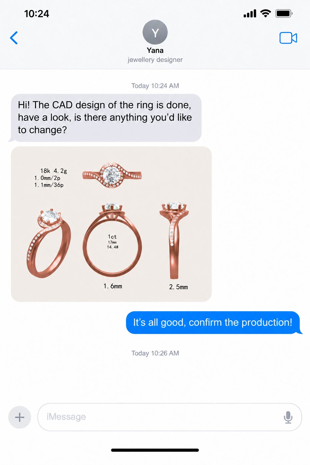 Example message showing a ring CAD design and the client’s approval for production