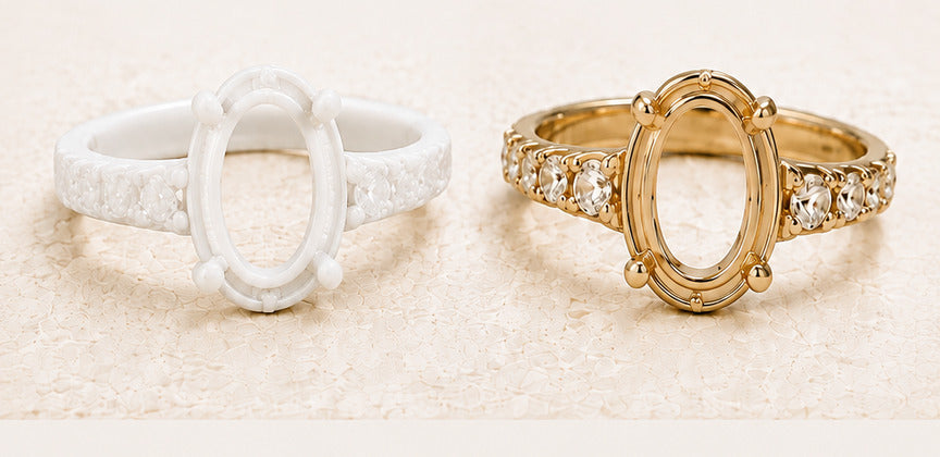Complete white wax ring model beside the finished yellow-gold ring setting